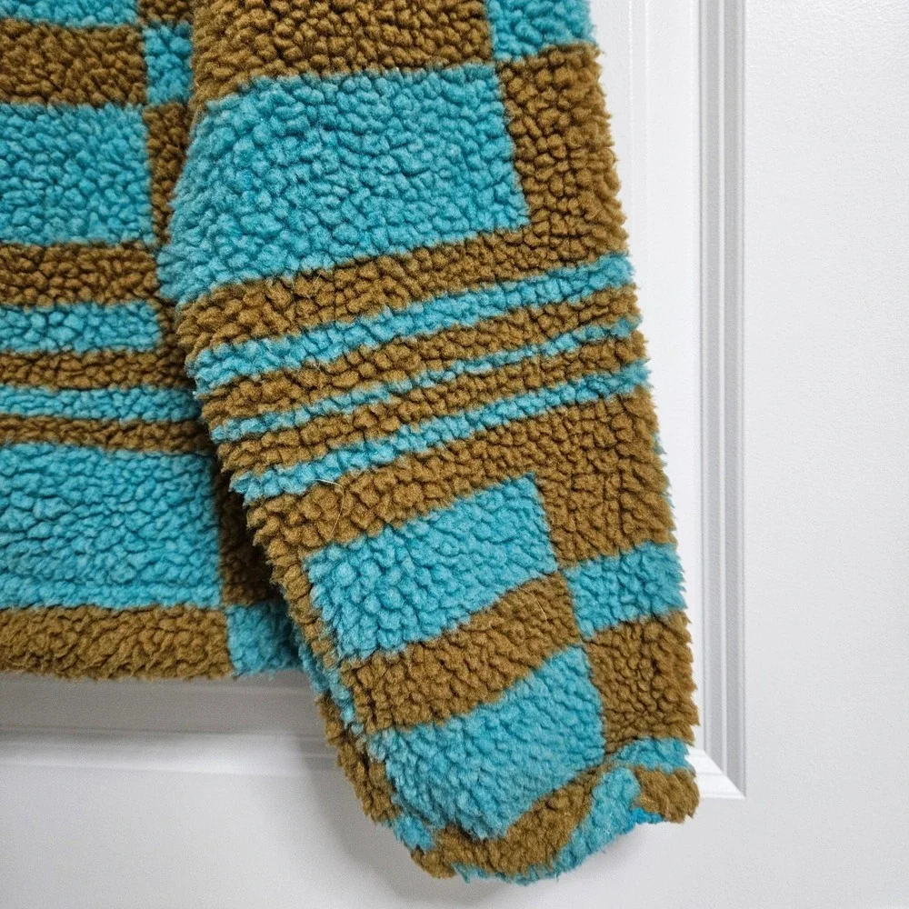 Urban Outfitters Fleece‎ Jacket Adult Sm Blue Brown Checkered Sherpa Full Zip